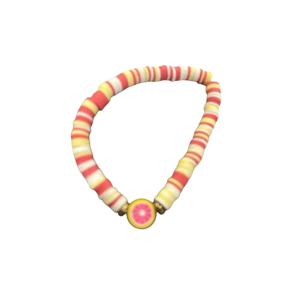 Adorable Colorful Pink/white/yellow Clay Bead Bracelets With Lemon Charm- summer